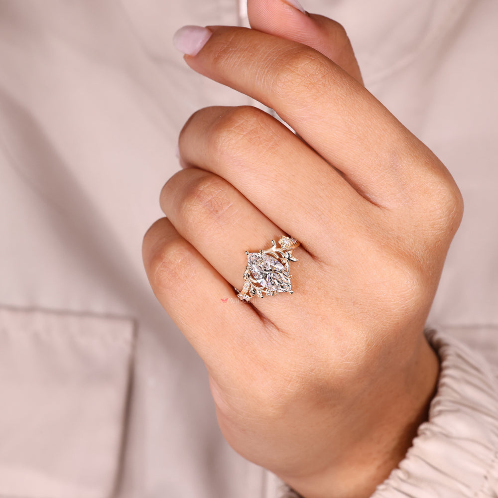 Marquise diamond ring with secure prong setting.
