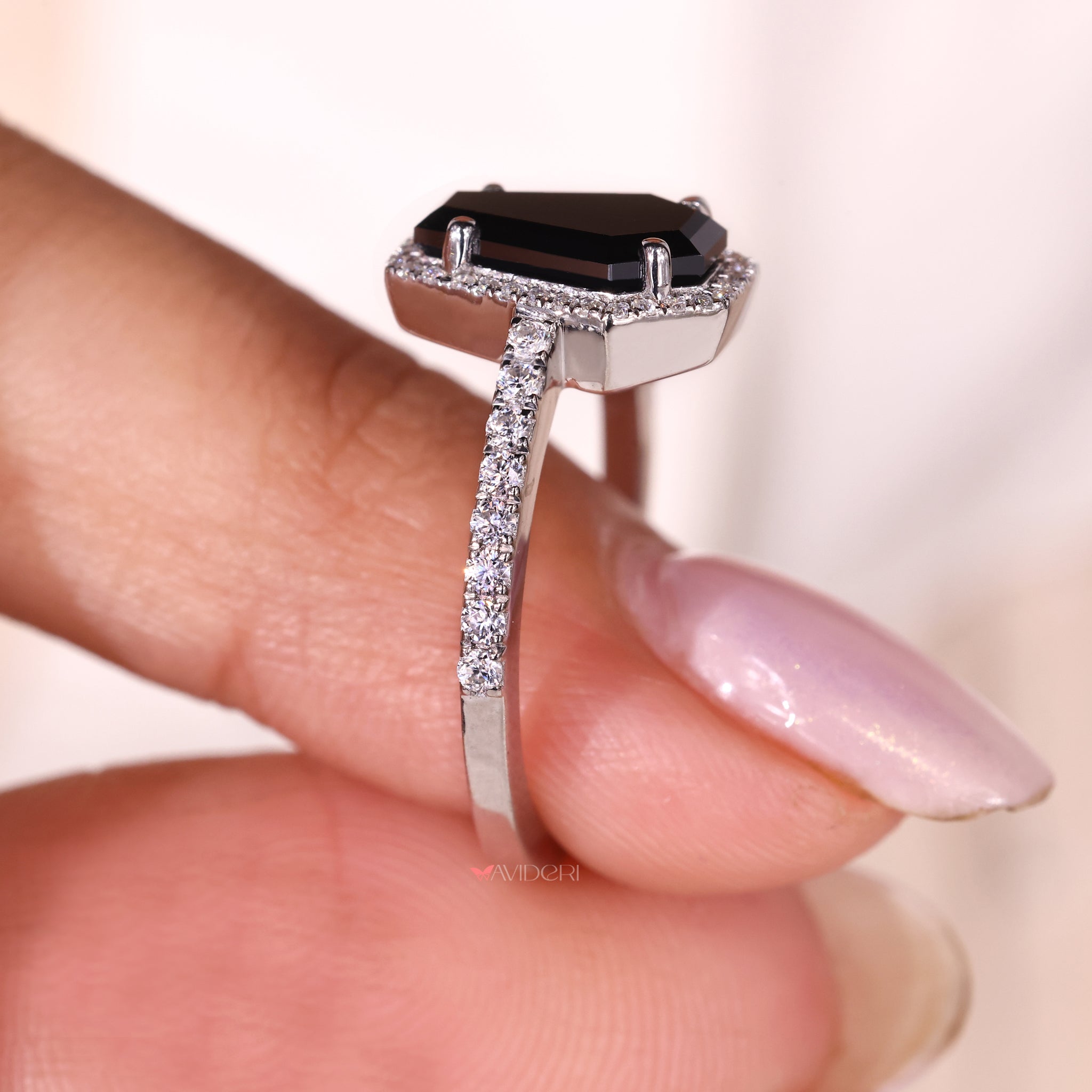 Pave setting band adds fine sparkle and detailed charm.