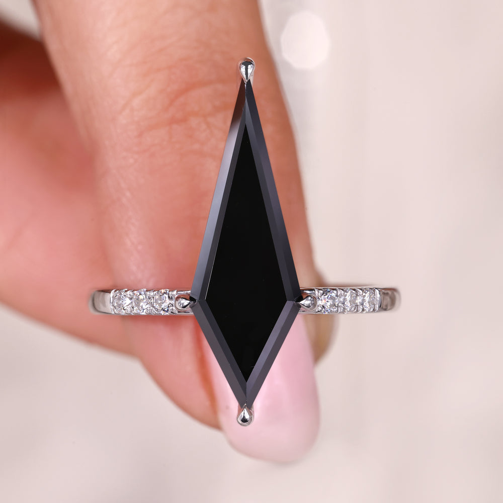 Black Moissanite Engagement Ring with Kite Cut Stone.