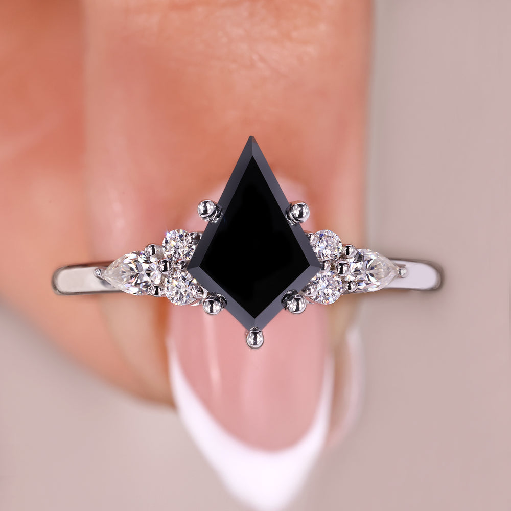 Black Moissanite Ring with kite cut engagement ring design.