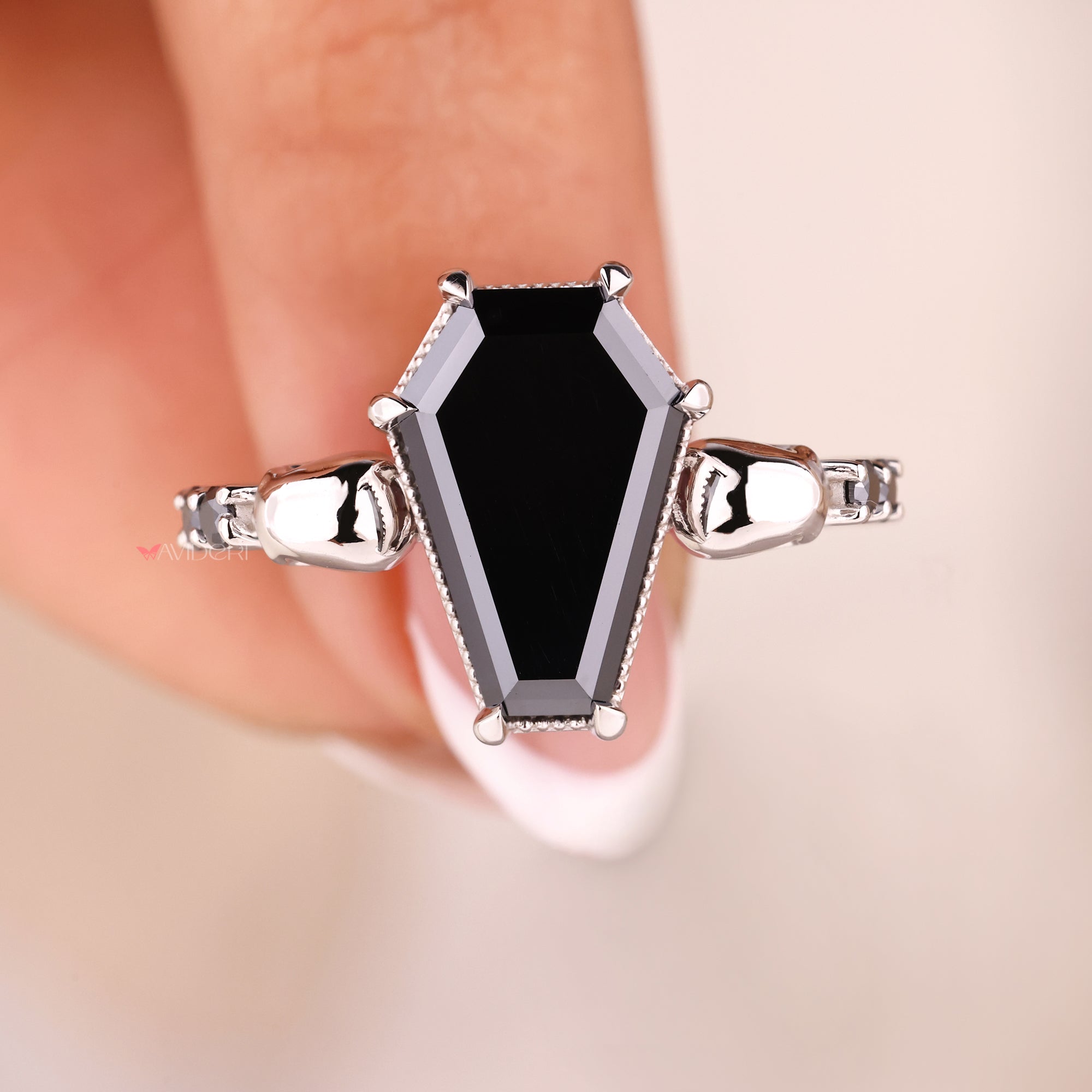 Coffin Cut Black Moissanite Ring With Two Small Skulls Style
