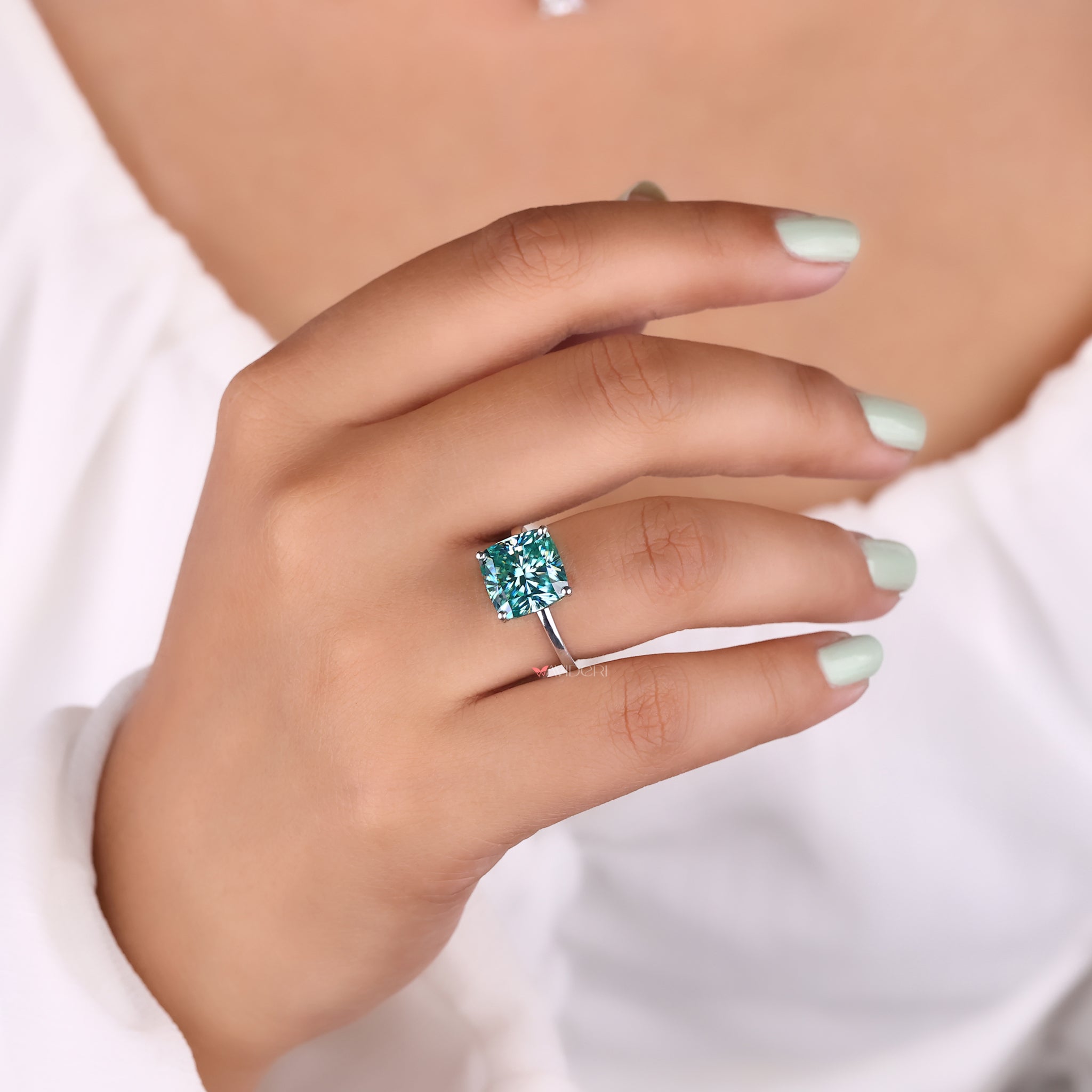 Cushion Cut Engagement Ring In Cyan Blue Moissanite