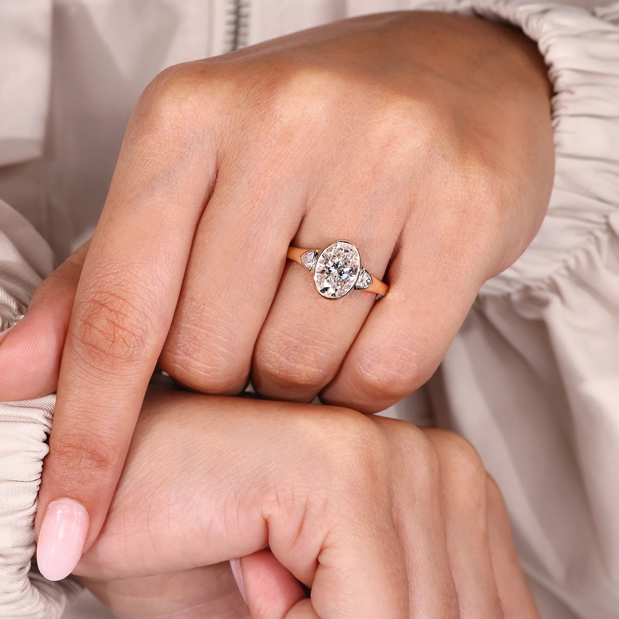 Three Stone Oval Engagement Ring In Yellow Gold