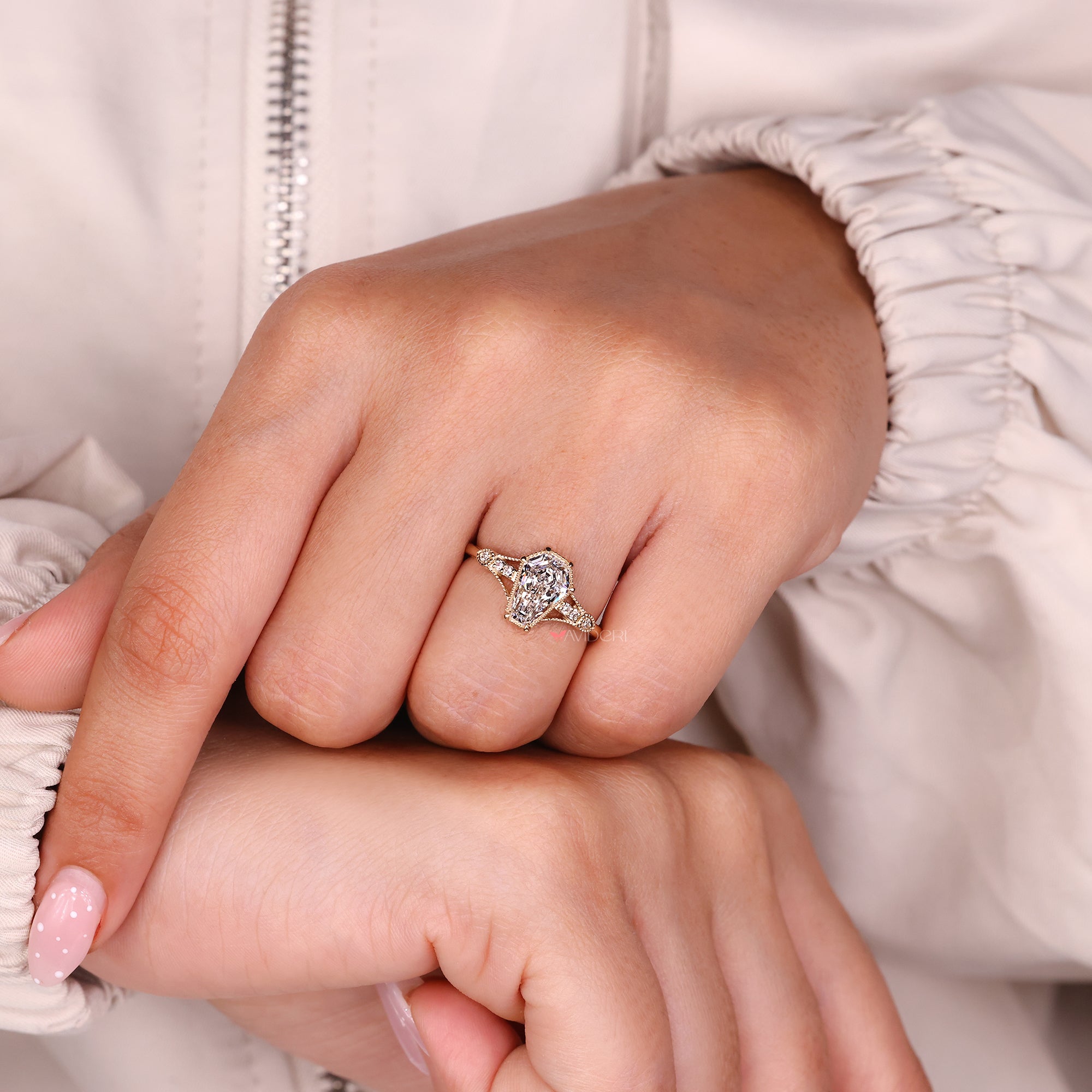 Coffin cut lab grown diamond ring with IGI certification.