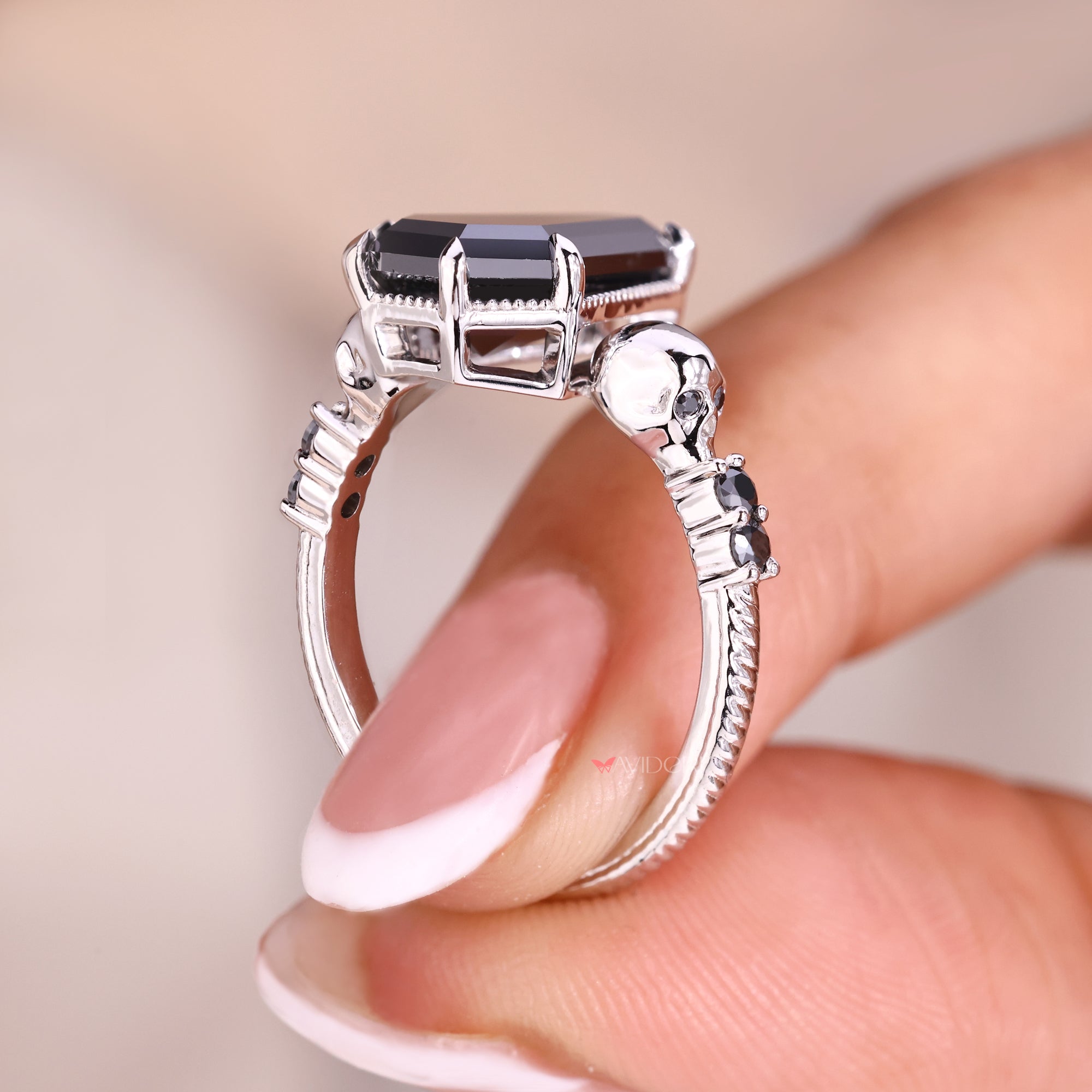 Coffin Cut Black Moissanite Ring With Two Small Skulls Style