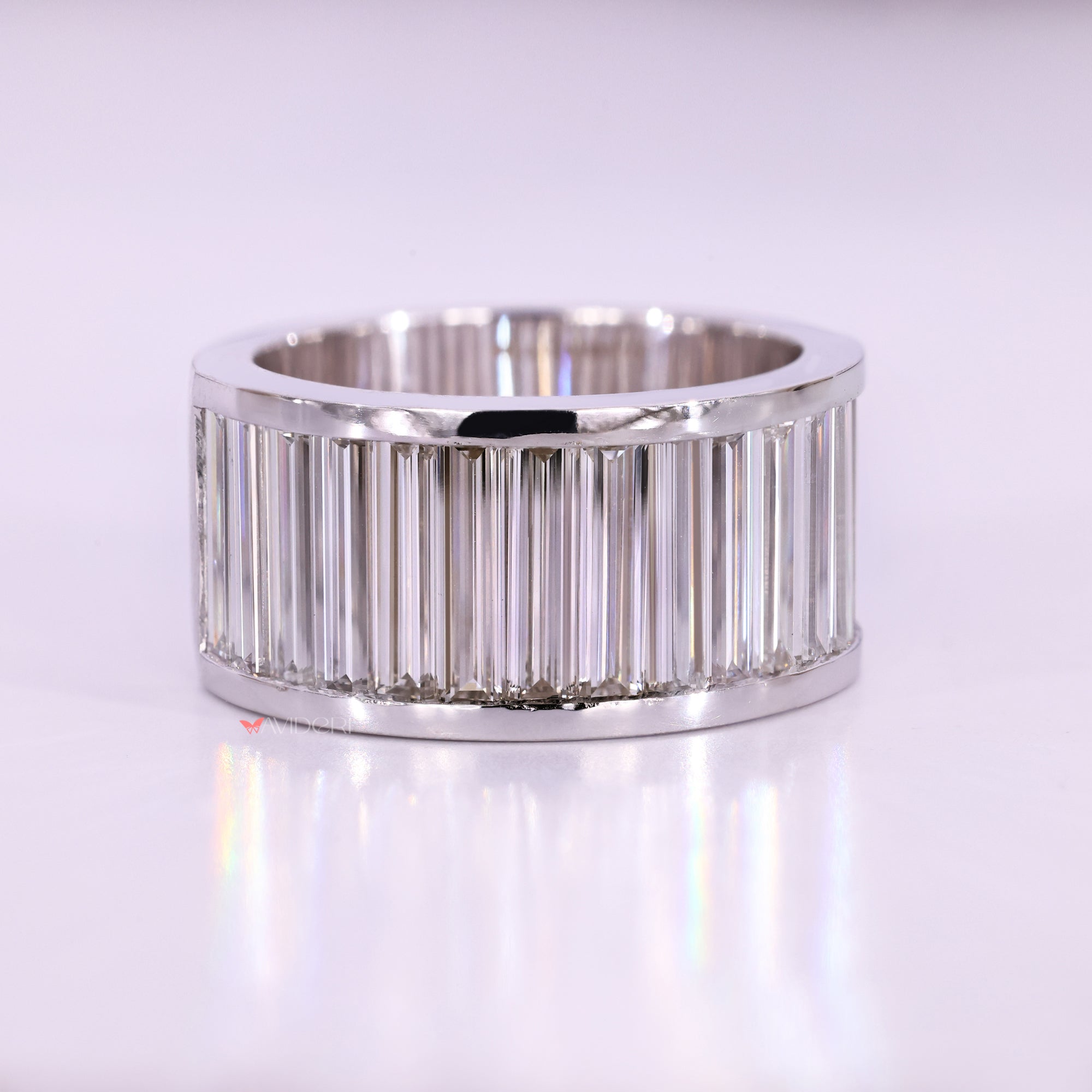 Lab grown diamond wedding band with baguette cut.
