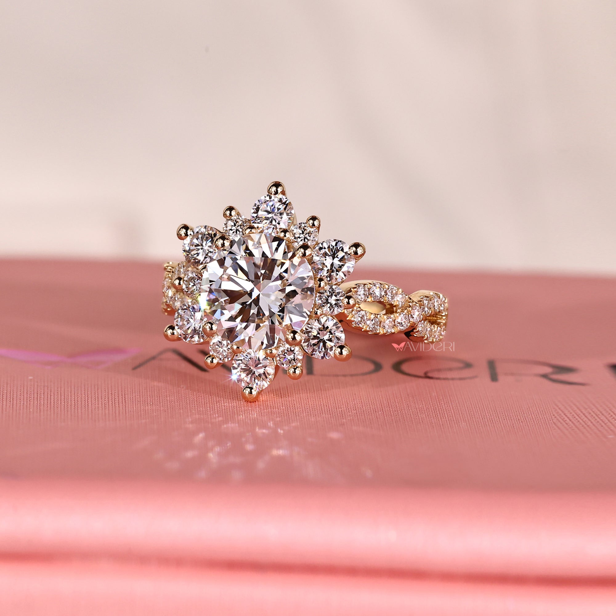 Round diamond engagement ring with halo setting ring.