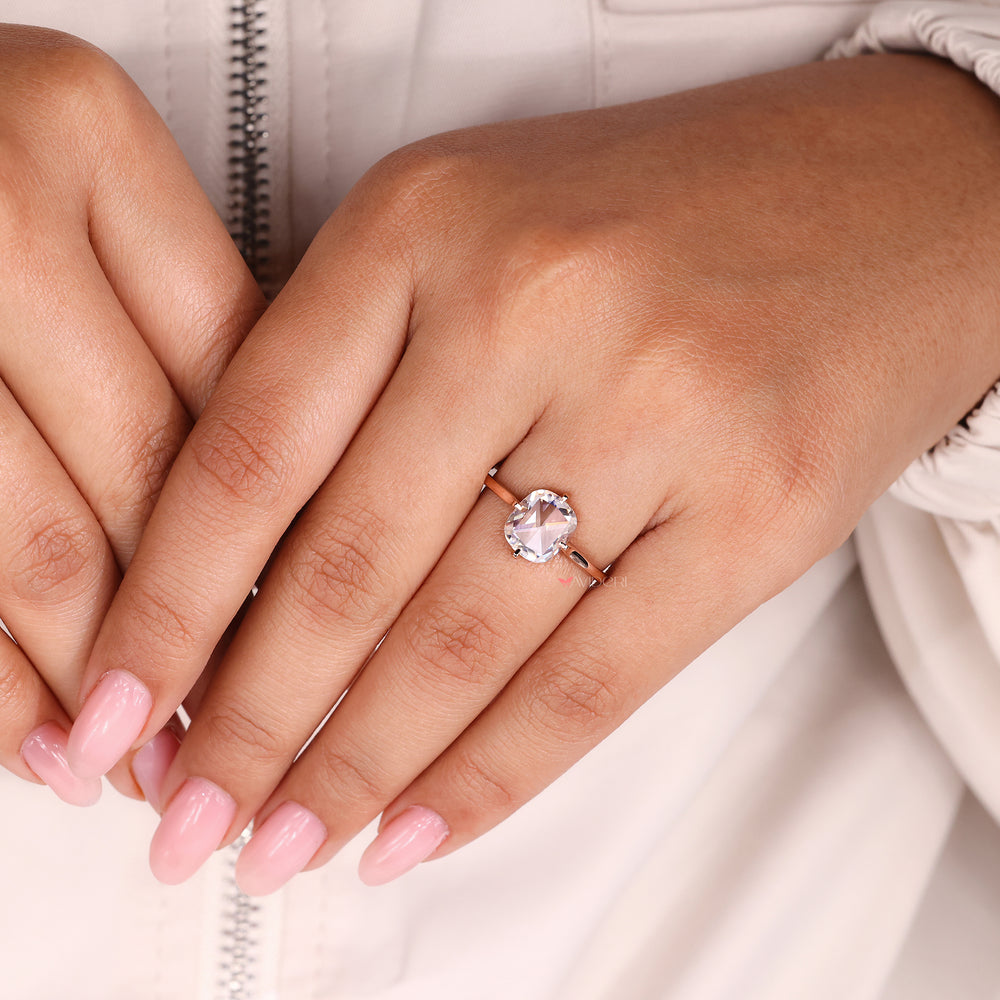 Cushion rose cut solitaire moissanite ring crafted for a clean and classic design.
