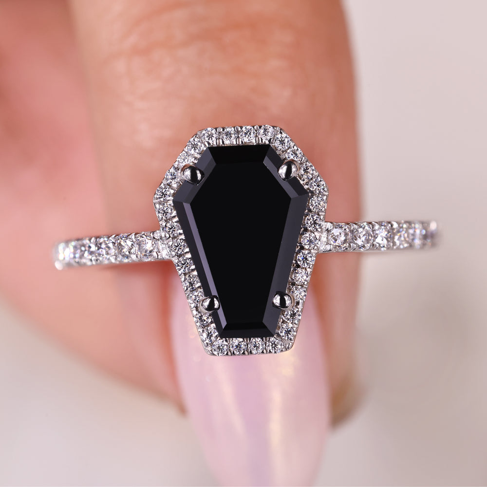 Coffin Cut Black Moissanite Ring features a bold center and elegant detailing.