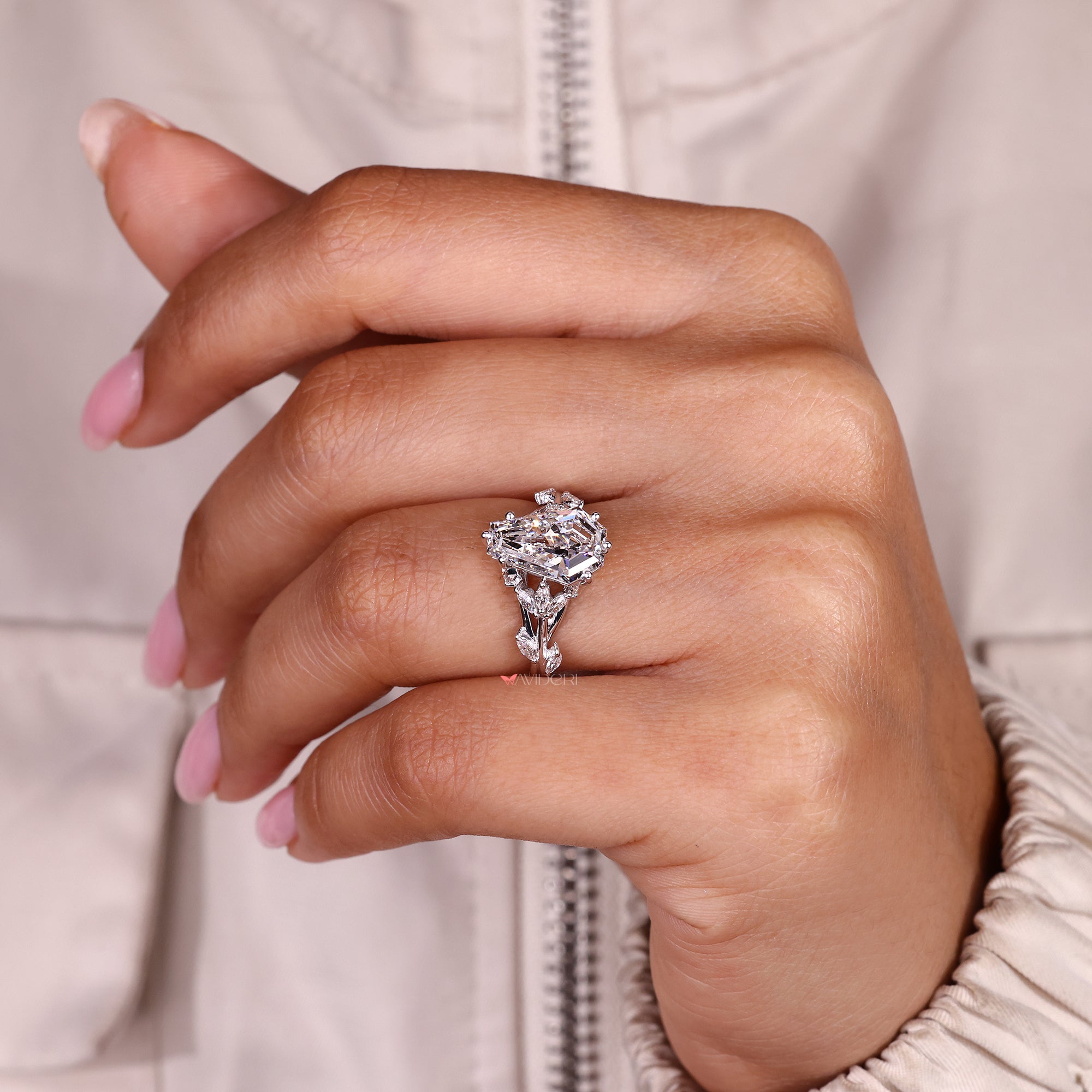 Six prong coffin cut diamond engagement ring lab grown.
