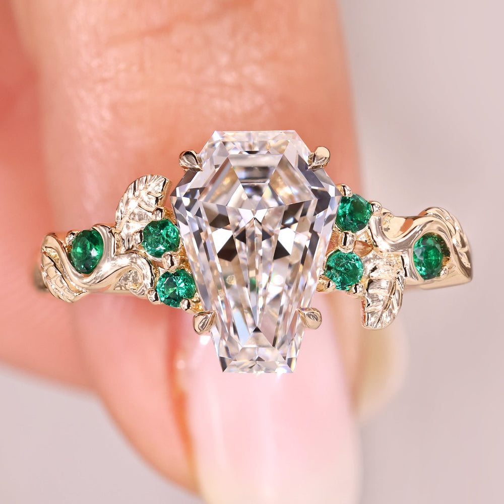Coffin Cut Diamond Engagement Ring with emerald.
