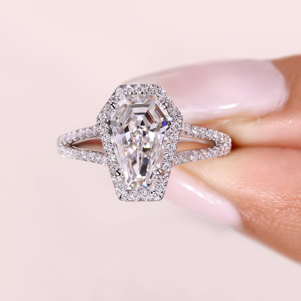 Lab grown coffin cut diamond halo ring.

