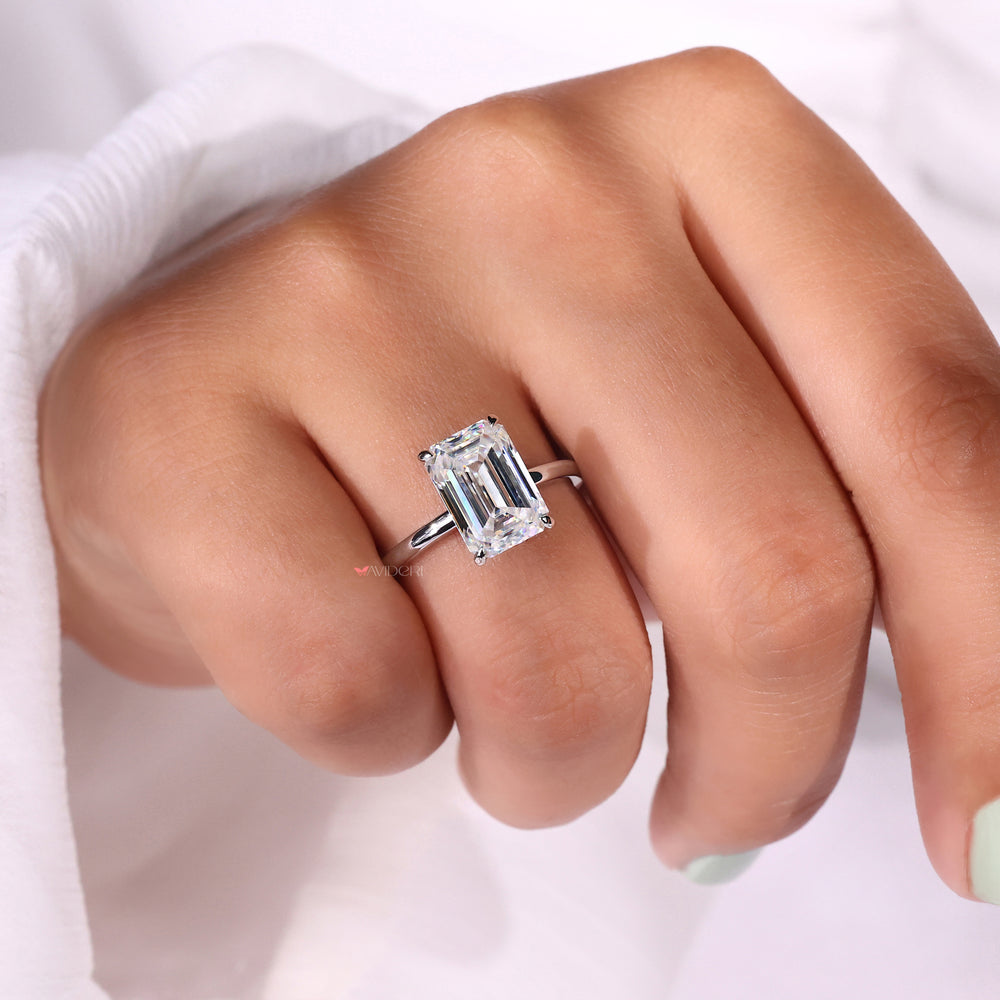 Emerald cut ring, 4 prong ring, moissanite wedding ring
