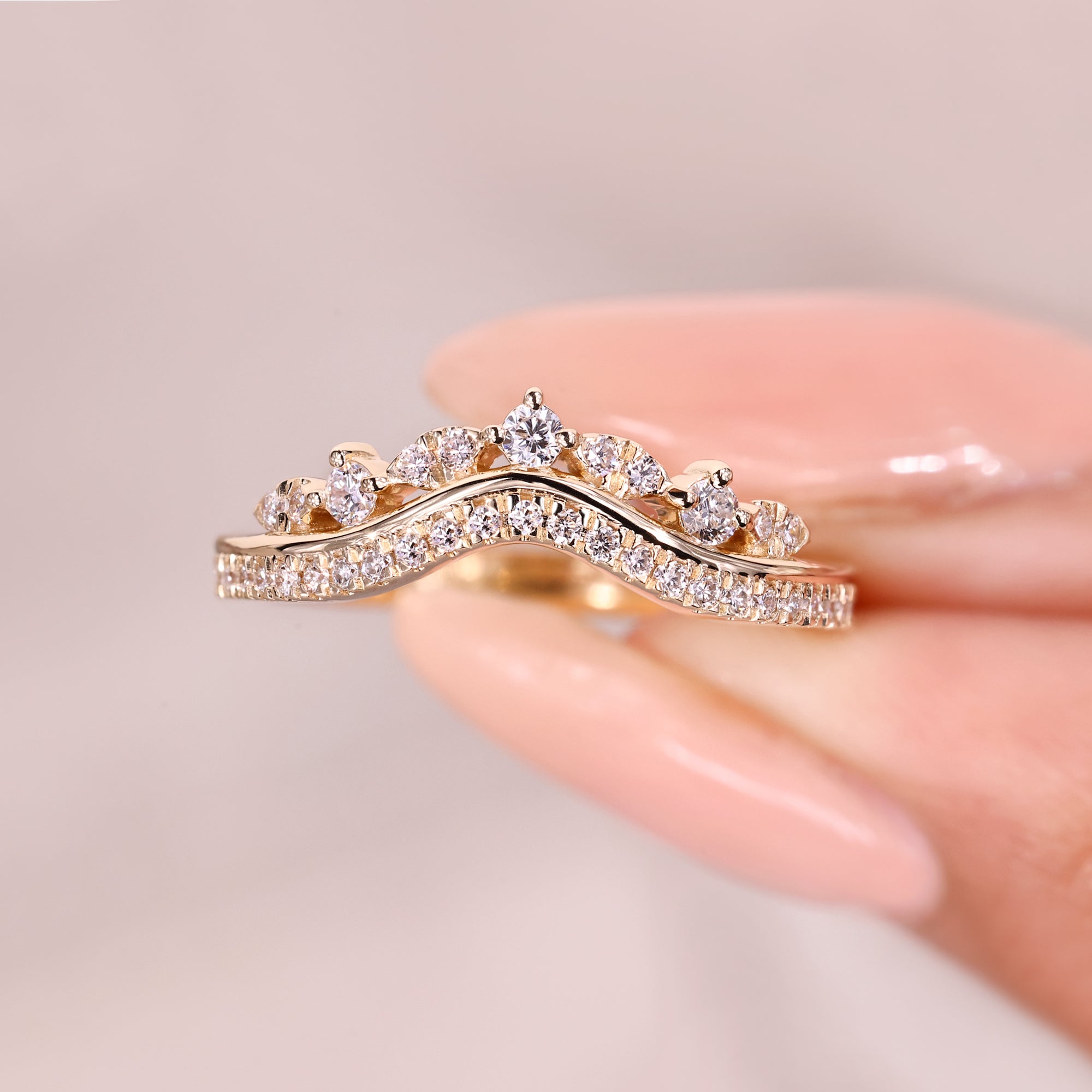 Double row pave curved diamond band.
