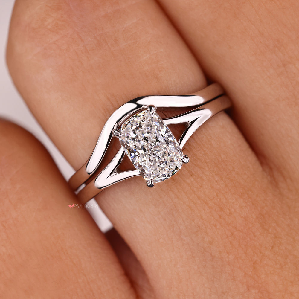 Handmade bridal set with cushion cut ring and classic wedding band.
