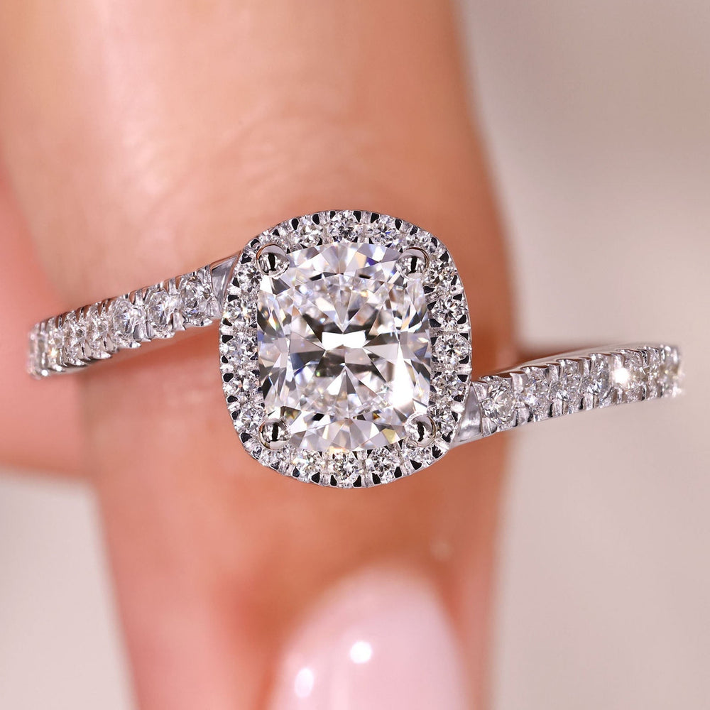 Handmade lab grown cushion cut diamond ring.
