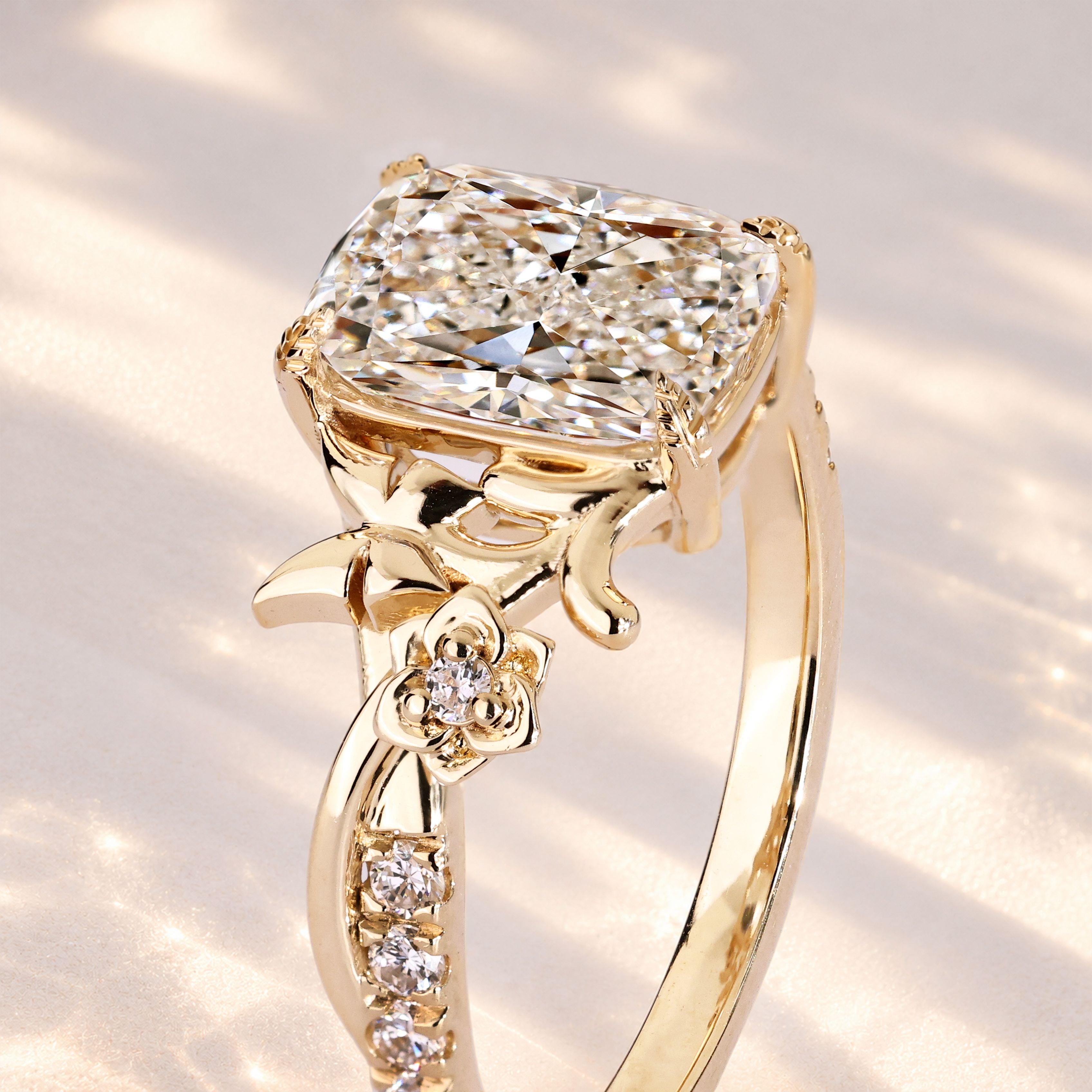 Nature inspired Cushion diamond ring with butterfly.
