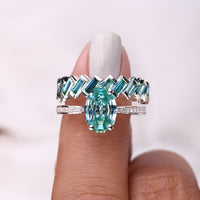 Cyan Blue Oval Engagement Ring With Wedding Band
