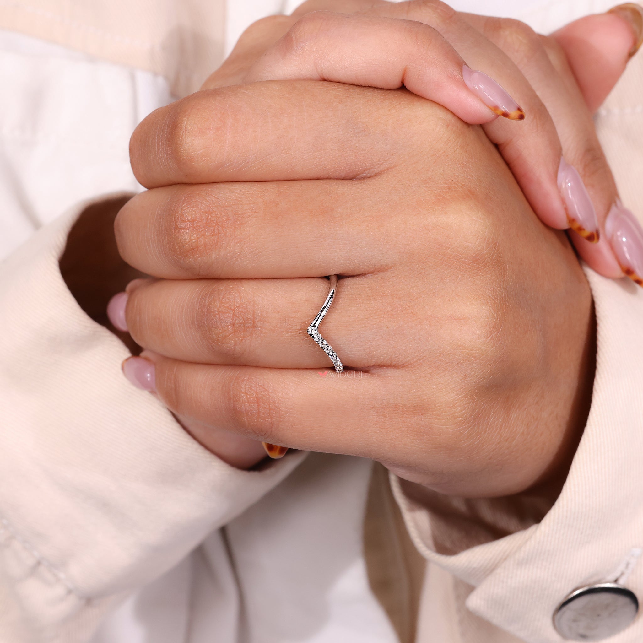 Lab Grown Diamond round curved wedding band in white gold.