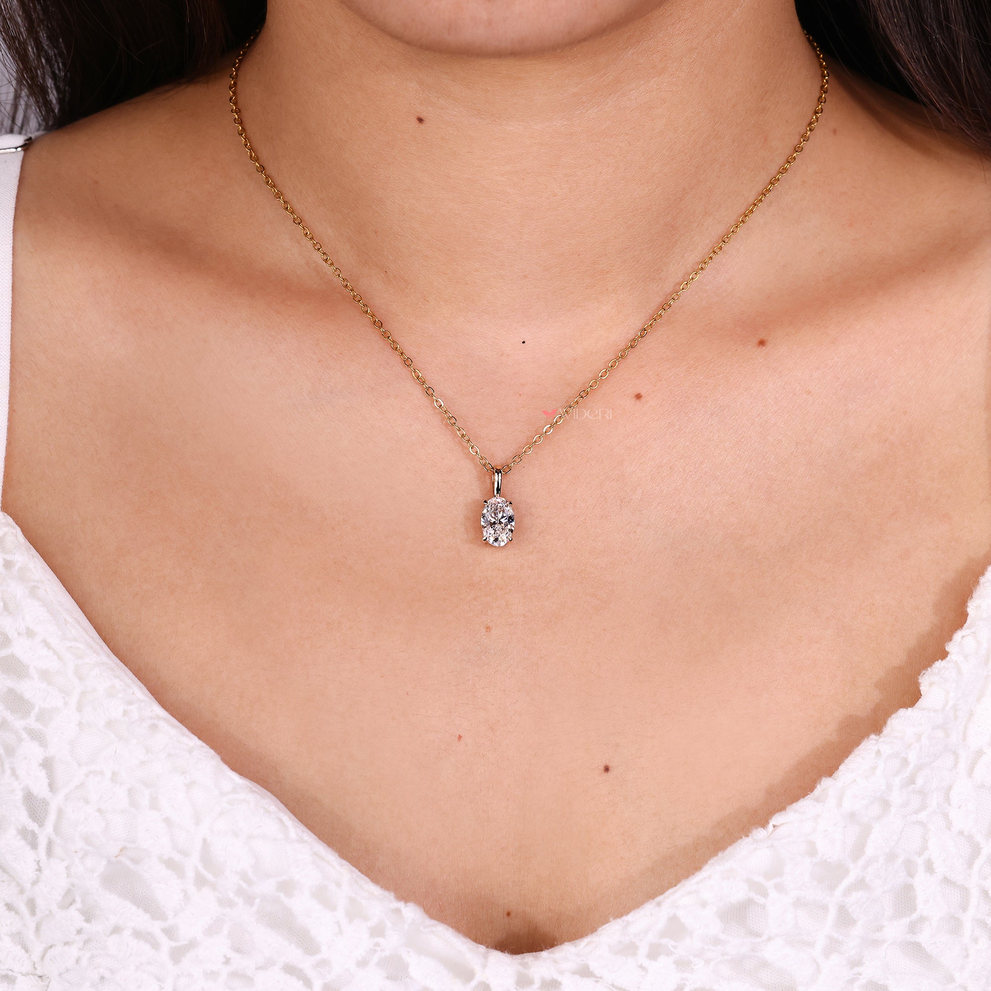Lab grown diamond pendant in oval solitaire design.