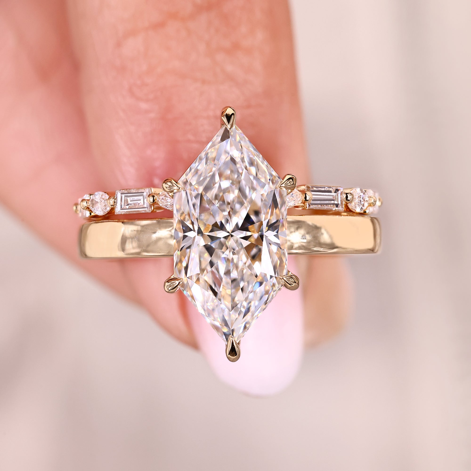 Hidden halo diamond engagement ring with band.