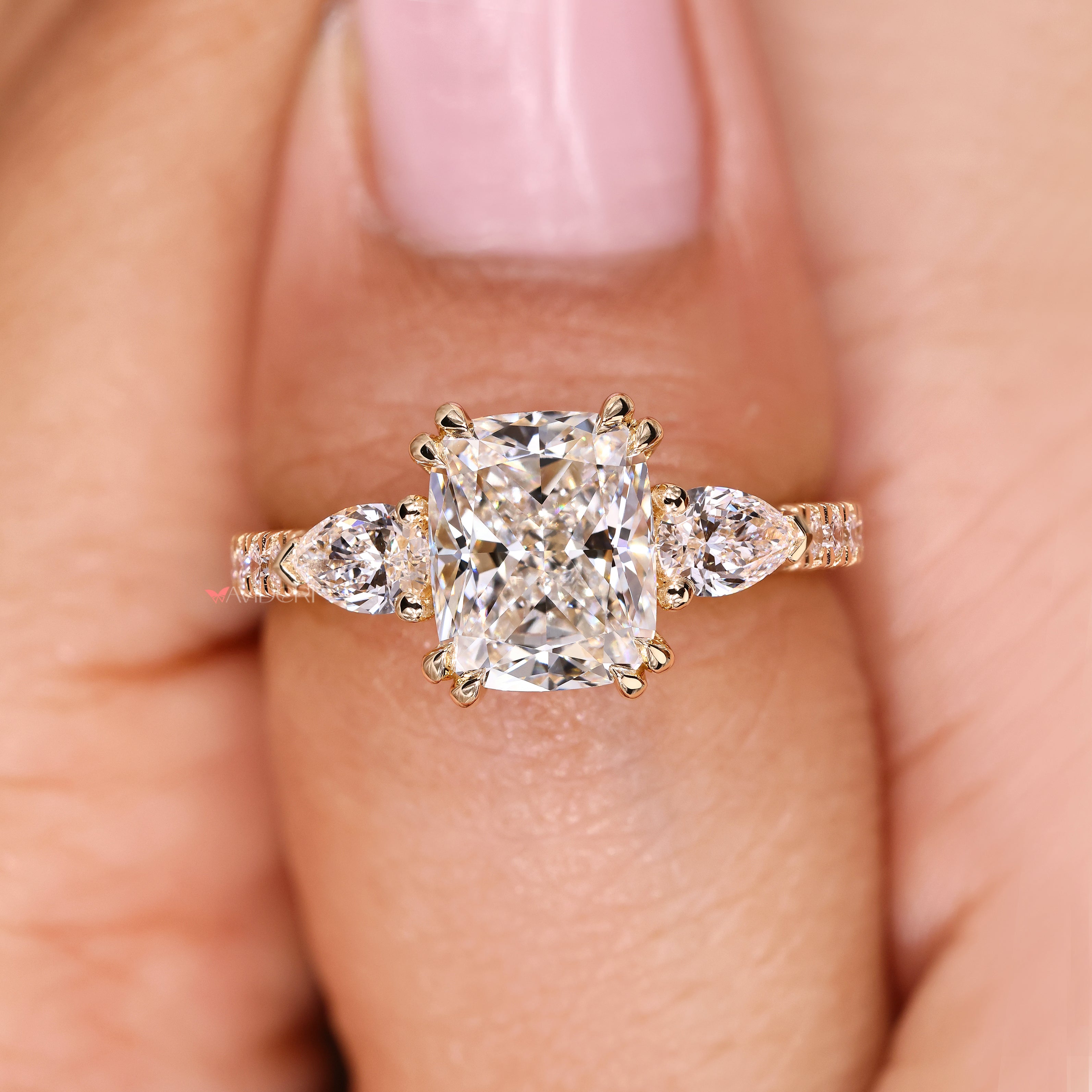 Lab grown diamond cushion ring with pave band.
