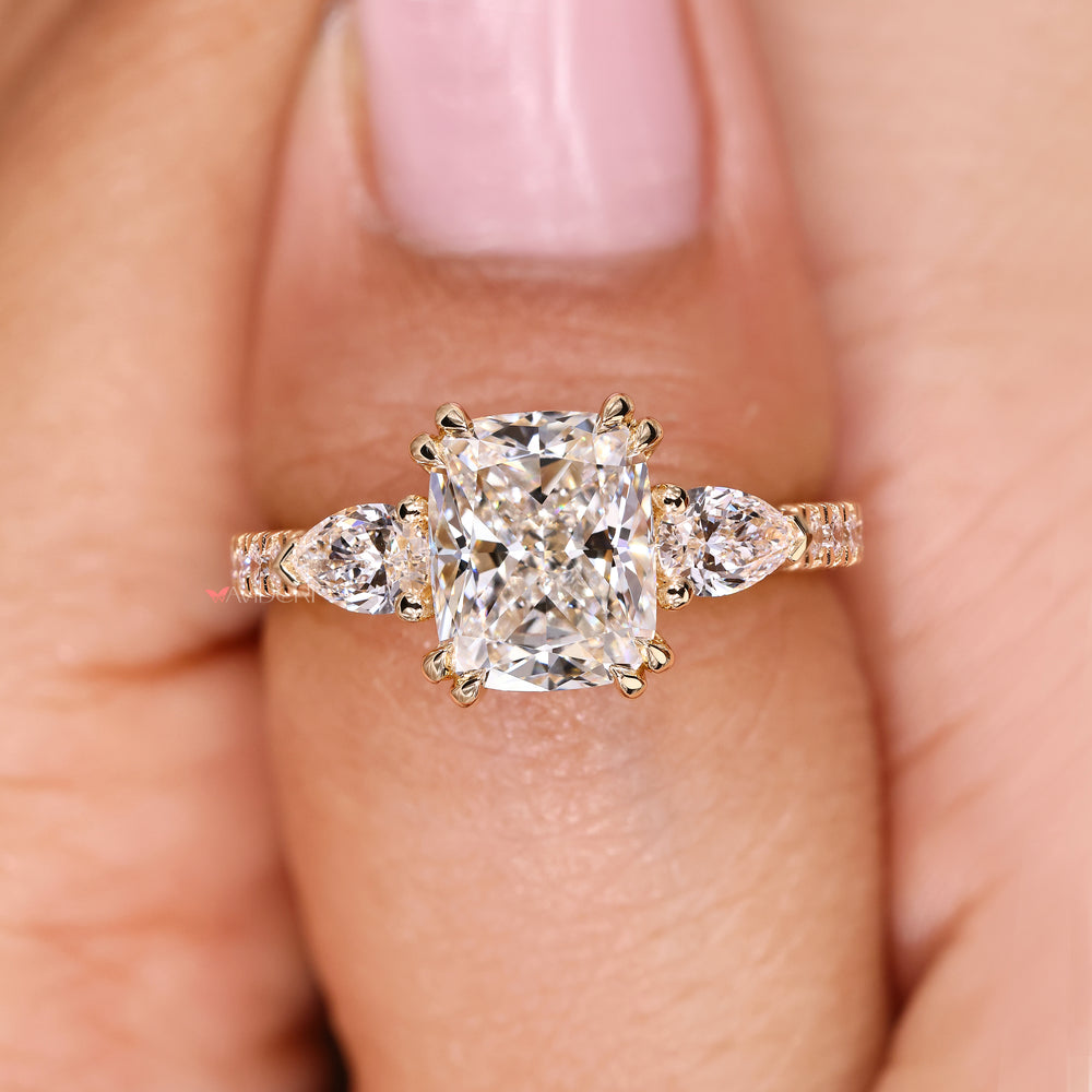 Lab grown diamond cushion ring with pave band.
