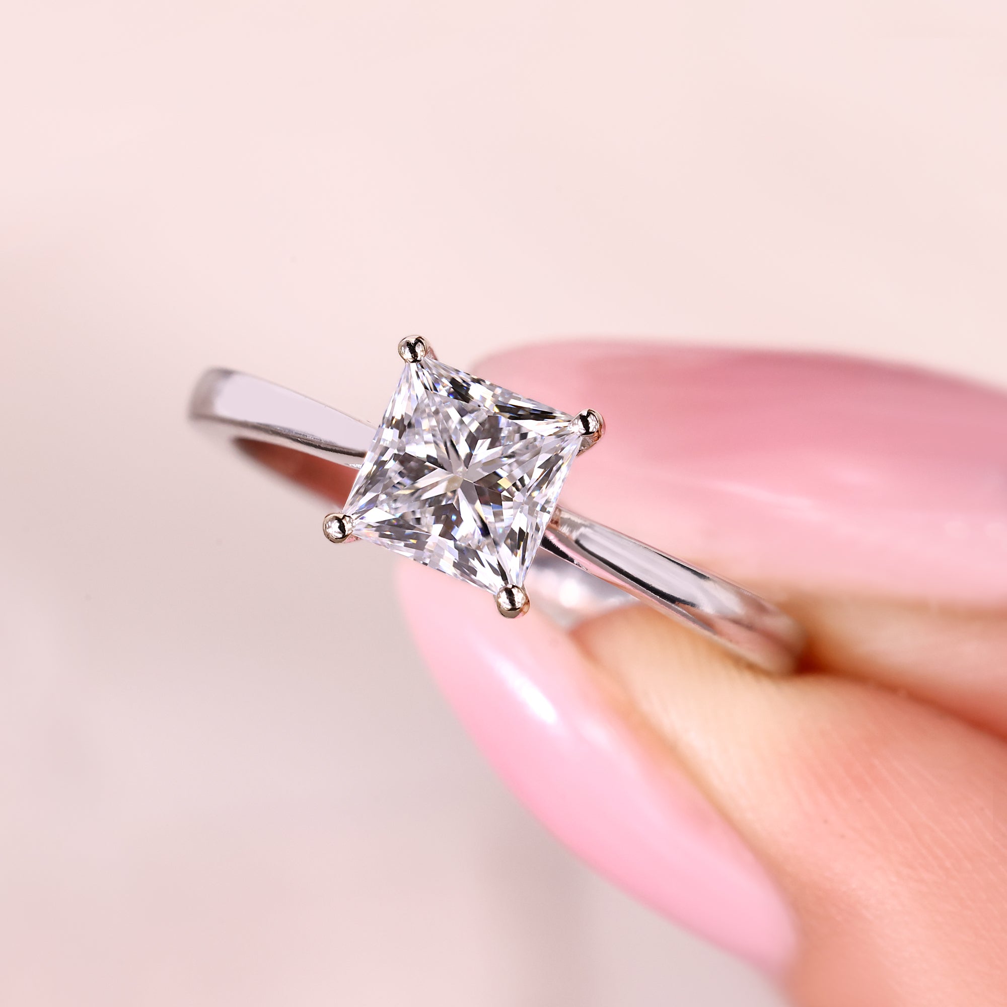 Lab grown princess cut diamond ring with elegant profile.
