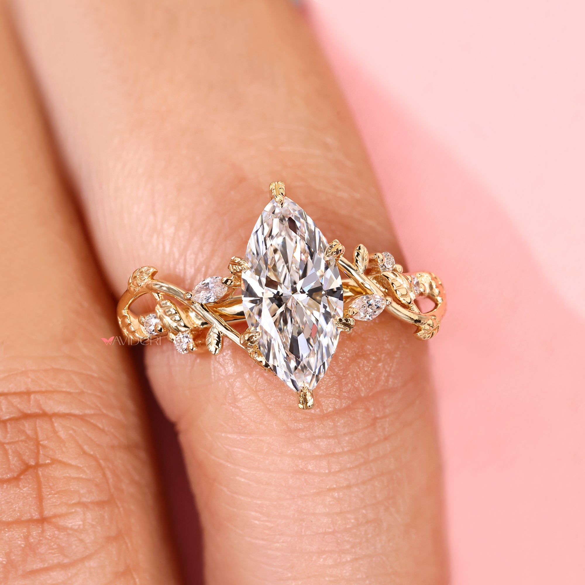 Filigree style marquise cut diamond ring lab grown.
