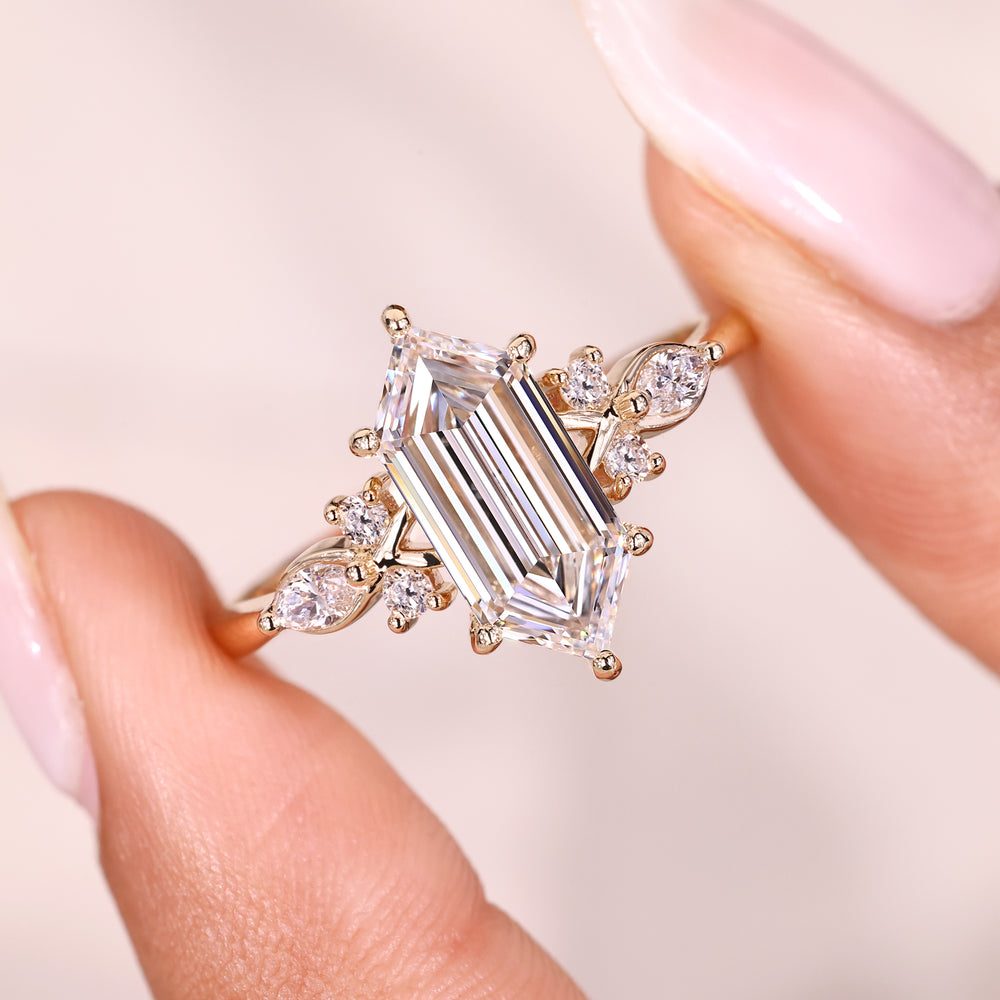 Hexagon step cut ring with six prong setting.
