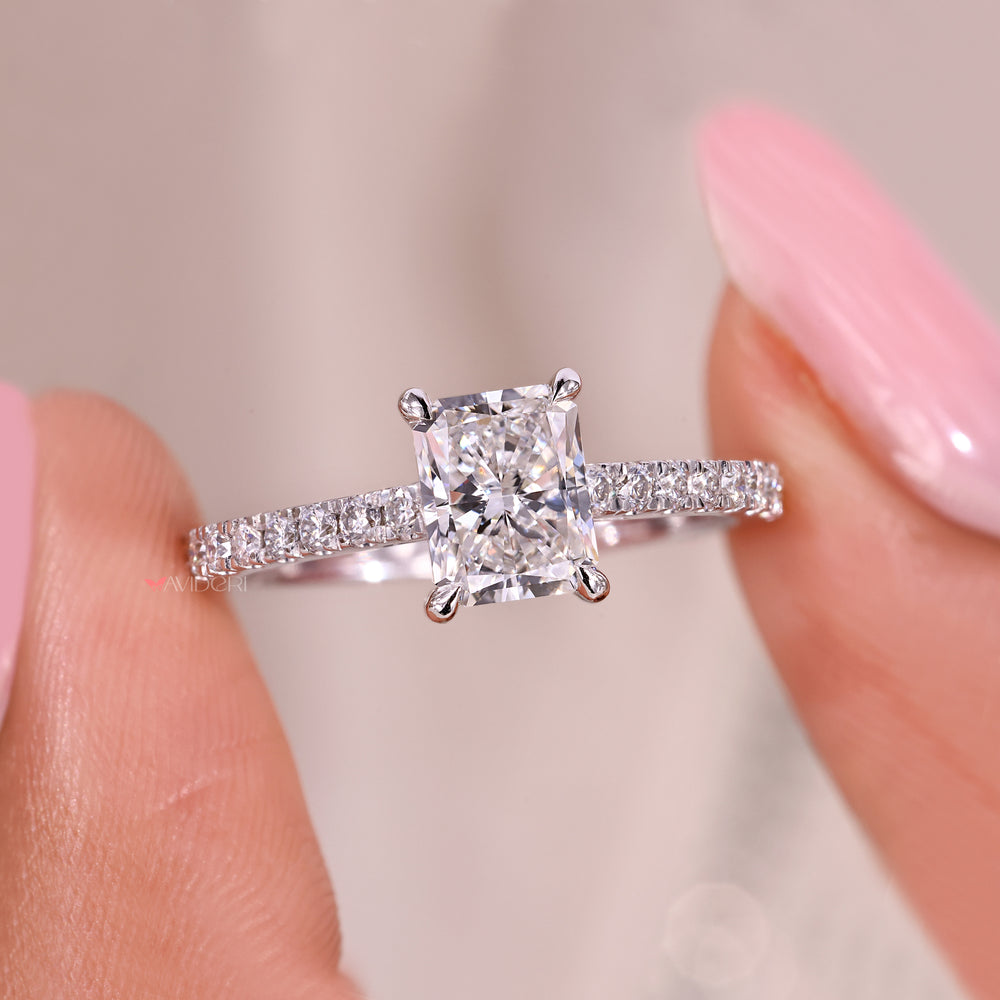 Cathedral setting radiant cut diamond ring handmade.