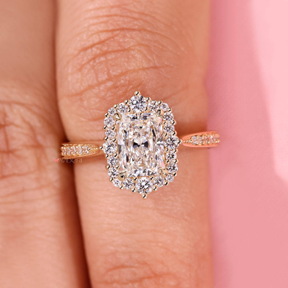 Lab grown diamond radiant ring with pave style.
