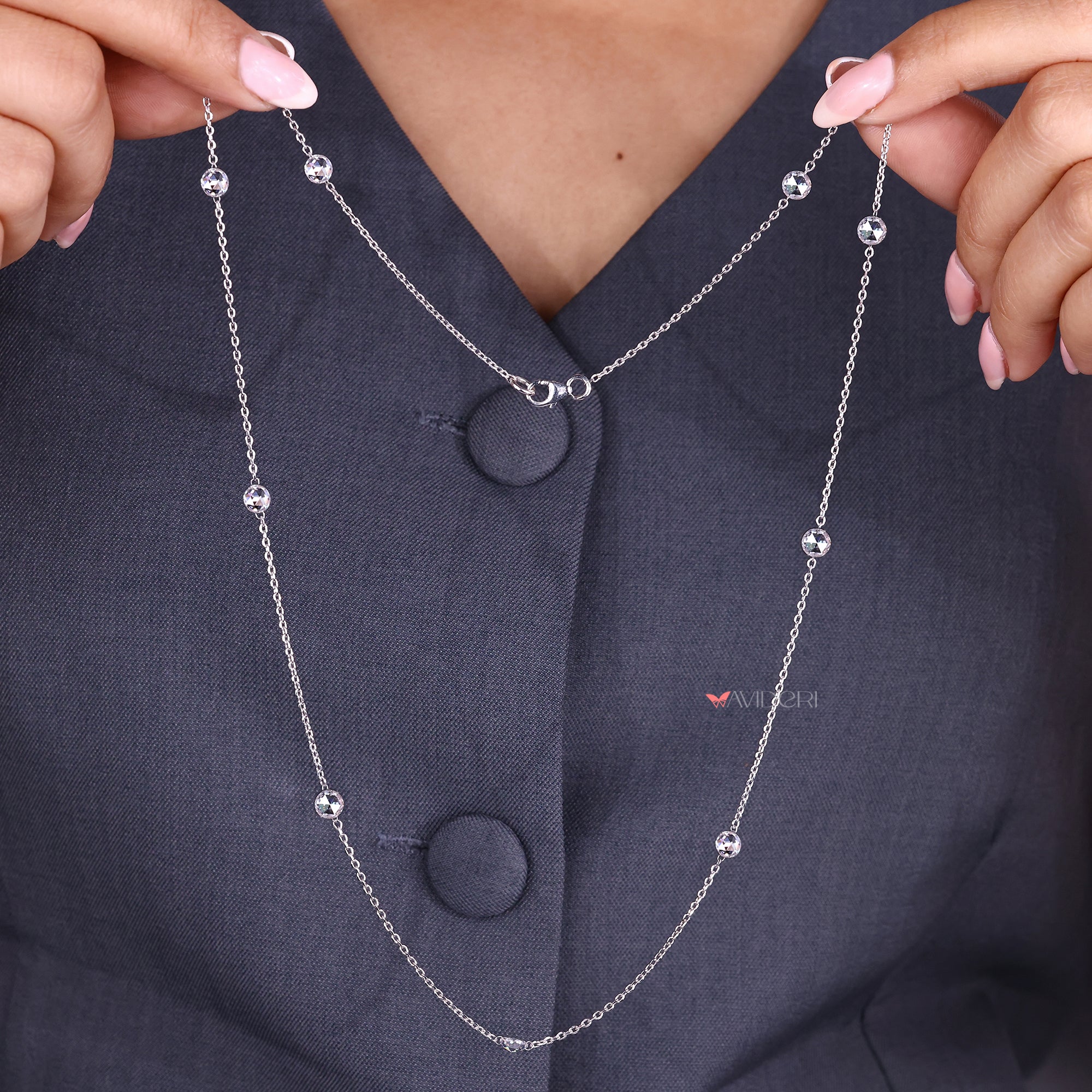 Diamond pendant on a white gold chain.