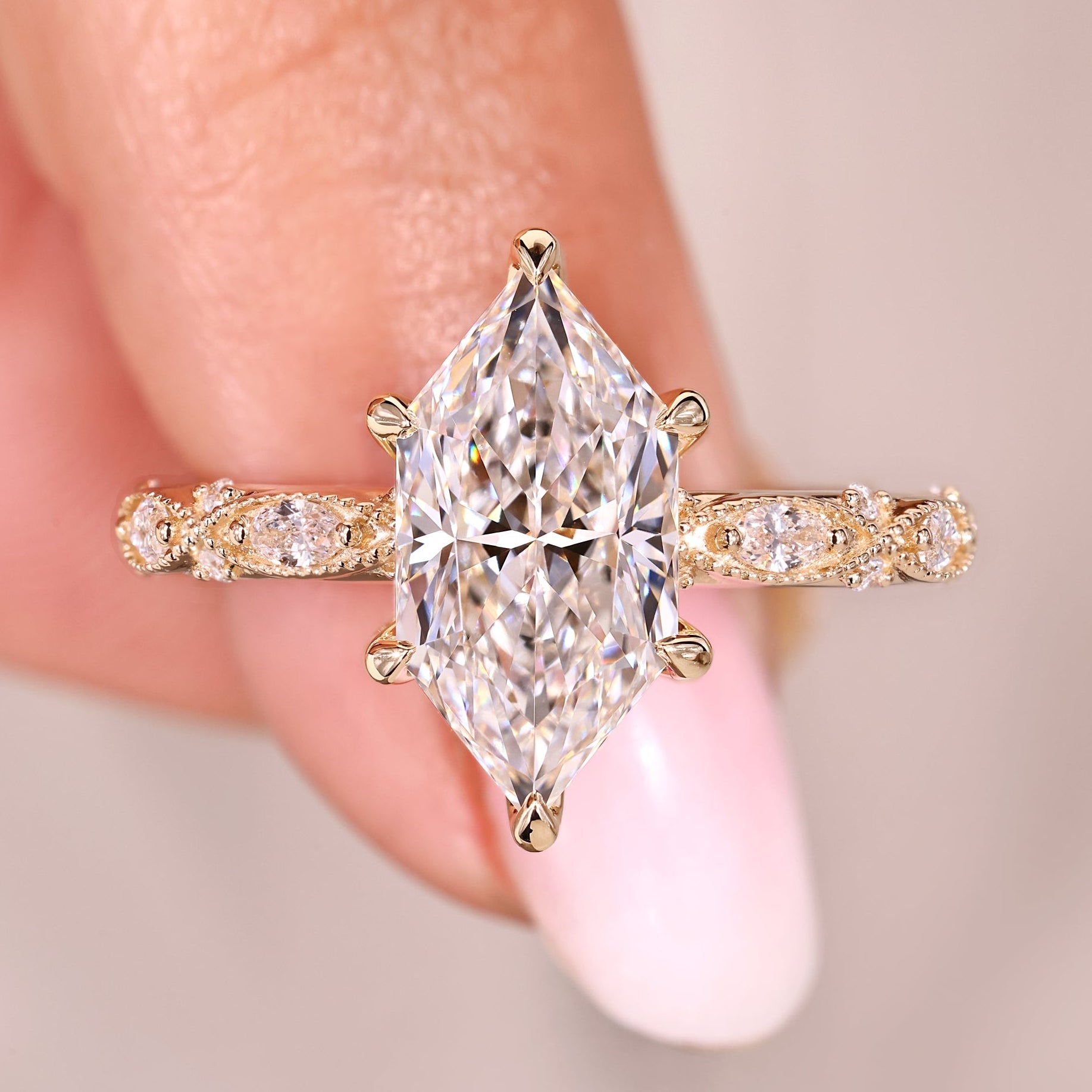 Dutch marquise diamond ring with vintage style details.