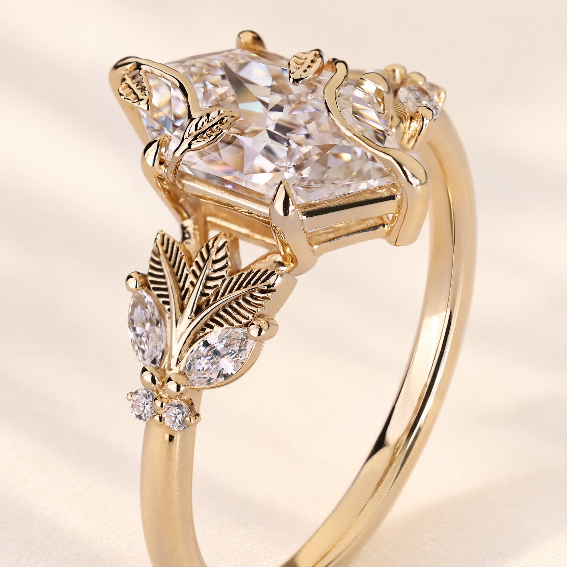 Fantasy diamond engagement ring with leaf details.

