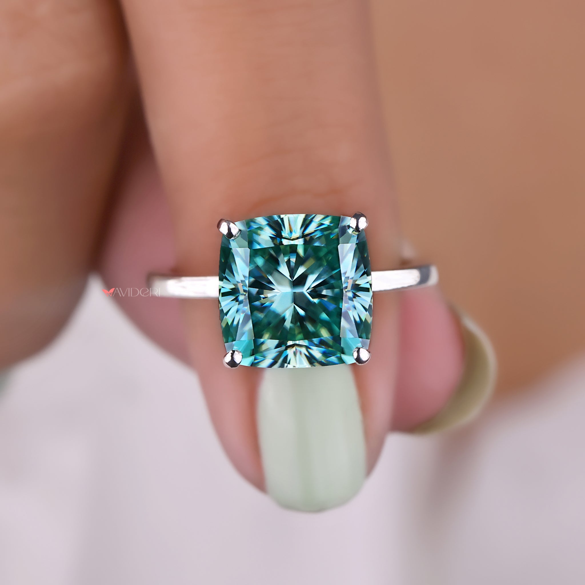 Cushion Cut Engagement Ring In Cyan Blue Moissanite
