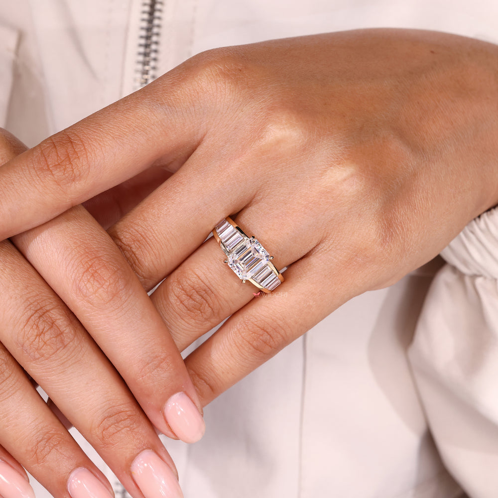 Lab grown diamond emerald ring tapered style.
