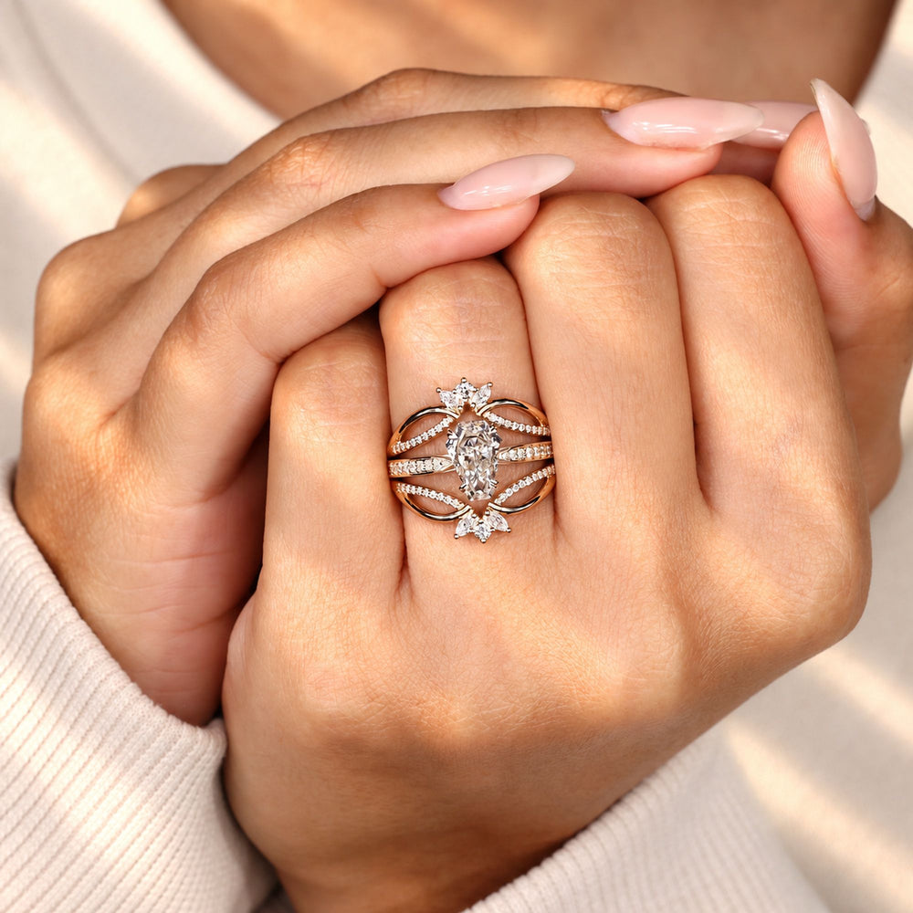 Lab grown coffin diamond ring with cathedral setting.
