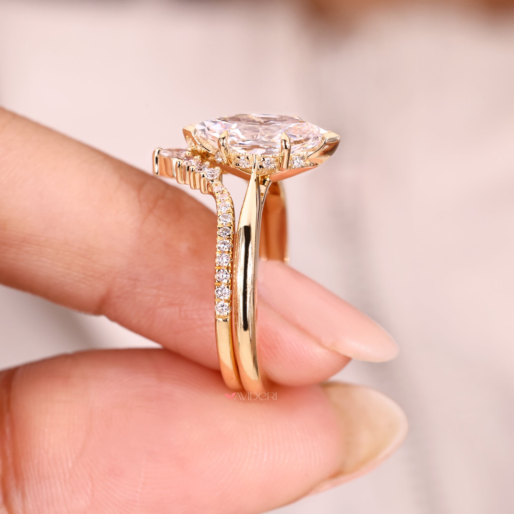 Lab grown Dutch marquise diamond bridal set.
