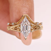 Hexagon Step Cut Vintage Engagement Ring With Wedding Band