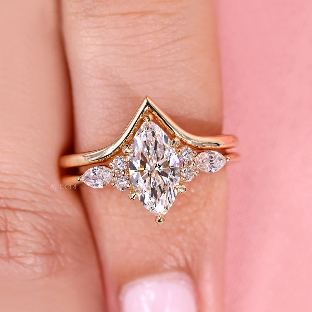 IGI certified marquise ring with tapered shank.
