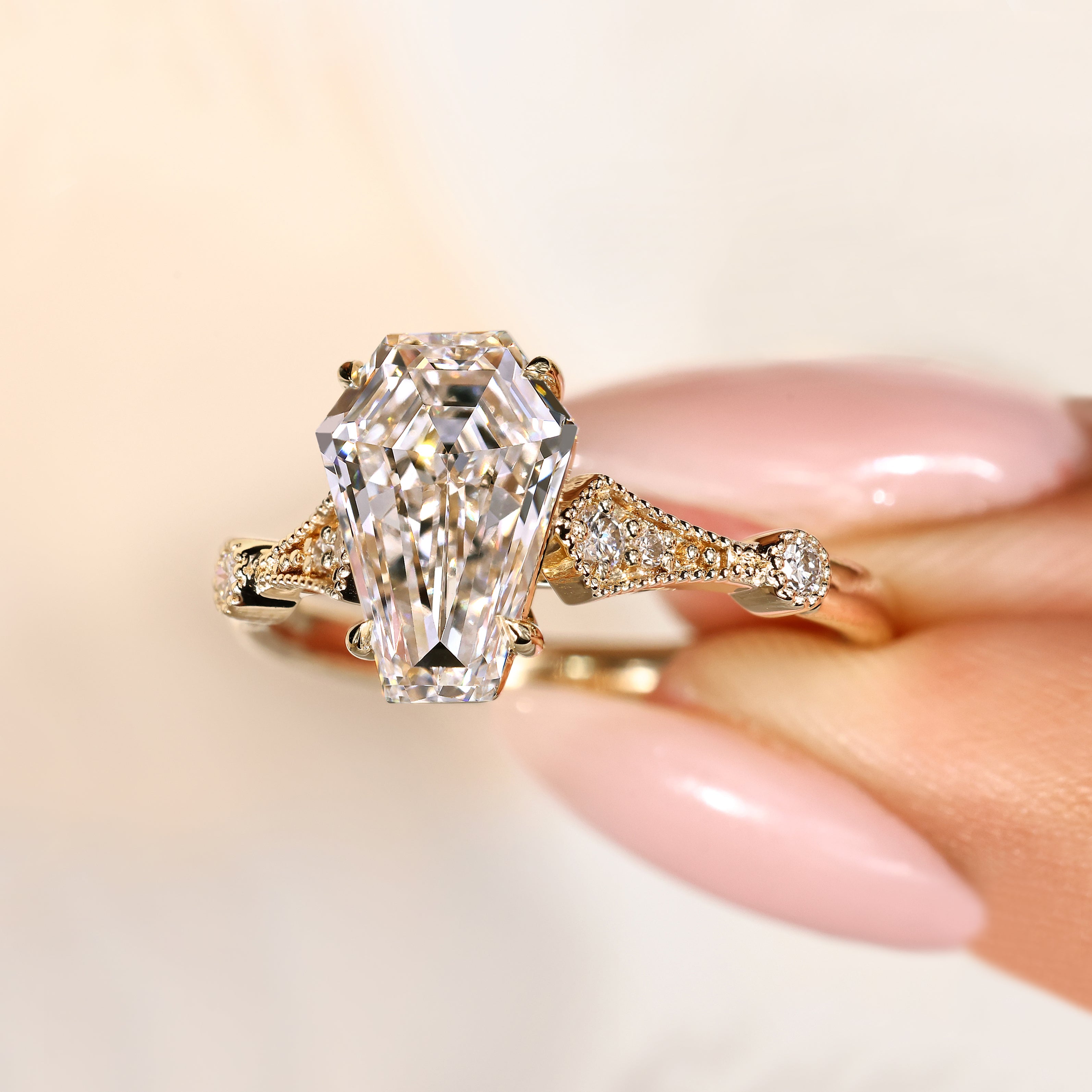 Lab grown coffin cut diamond ring with milgrain details
