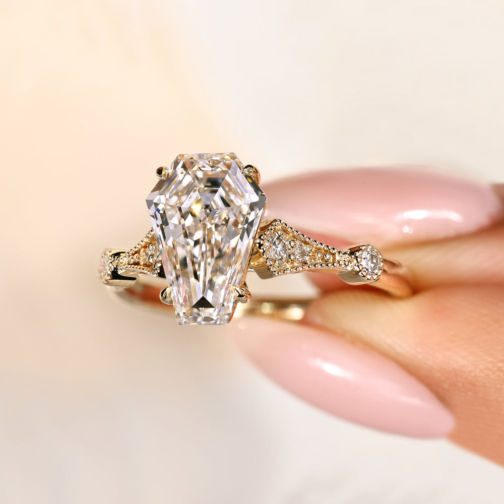 Lab grown coffin cut diamond ring with milgrain details
