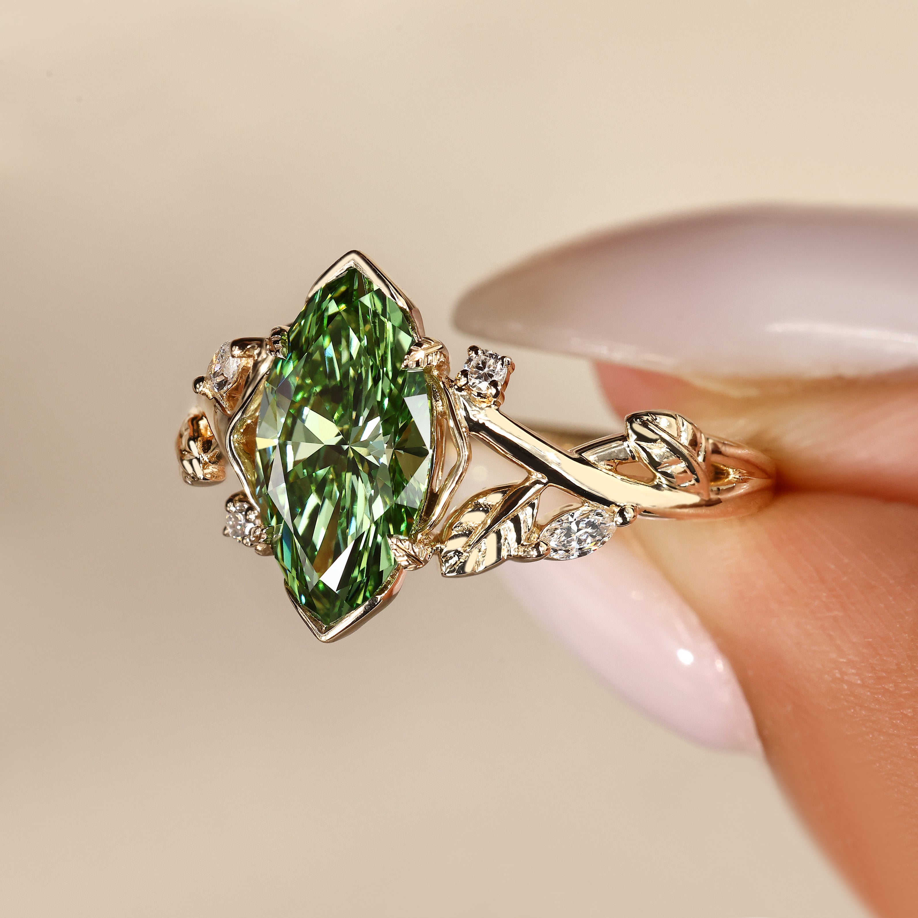 IGI certified marquise diamond ring with leaf detail.
