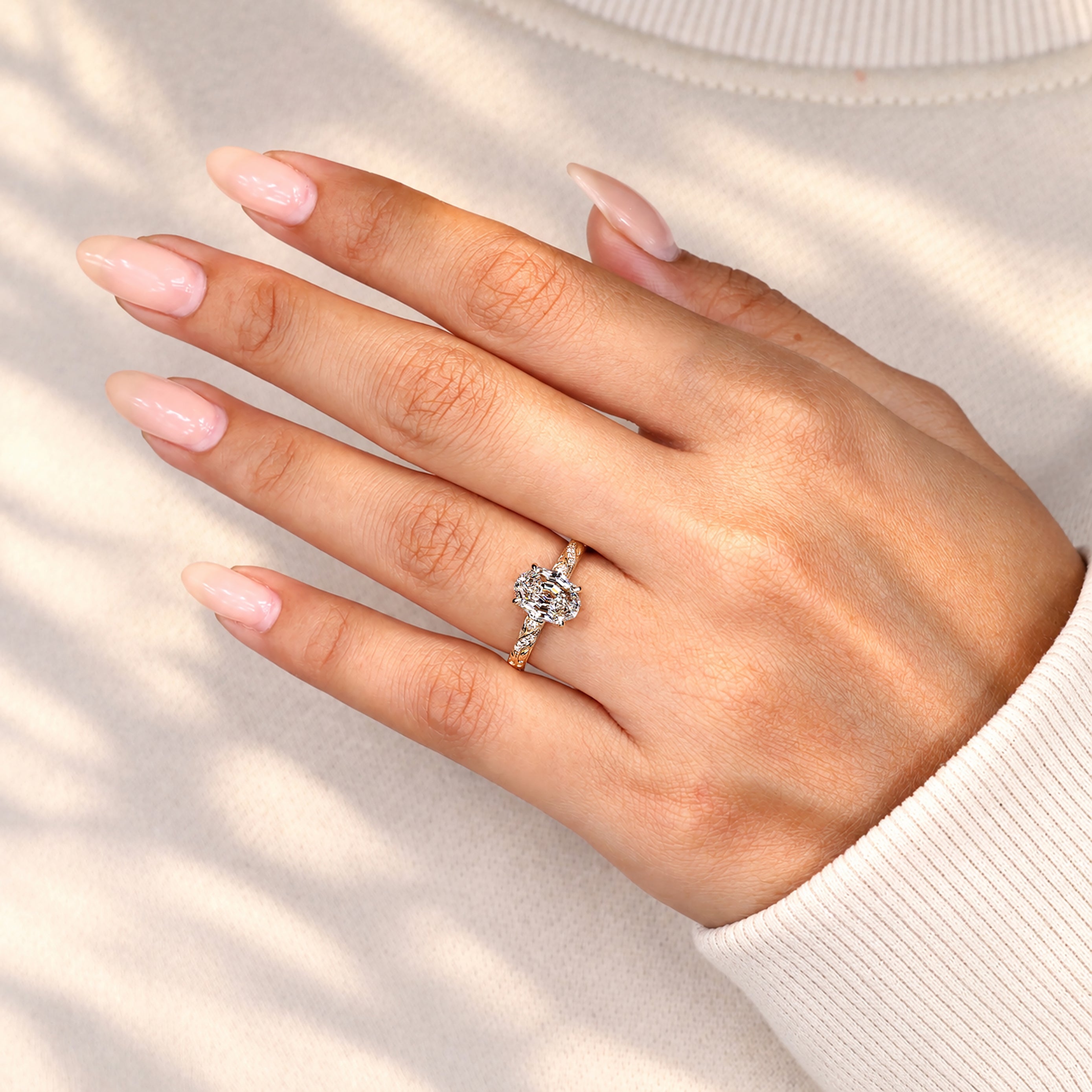 Nature inspired lab grown diamond ring with prong setting
