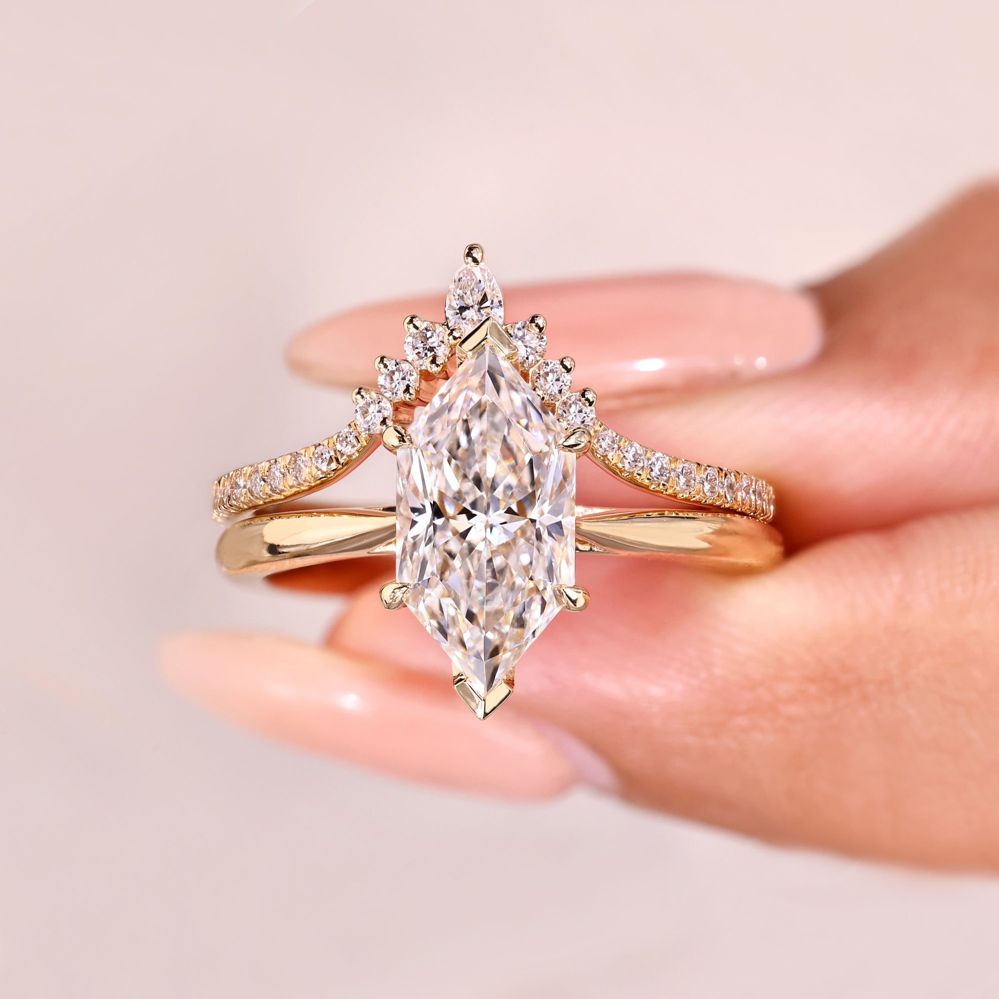 Dutch marquise ring with hidden halo style.
