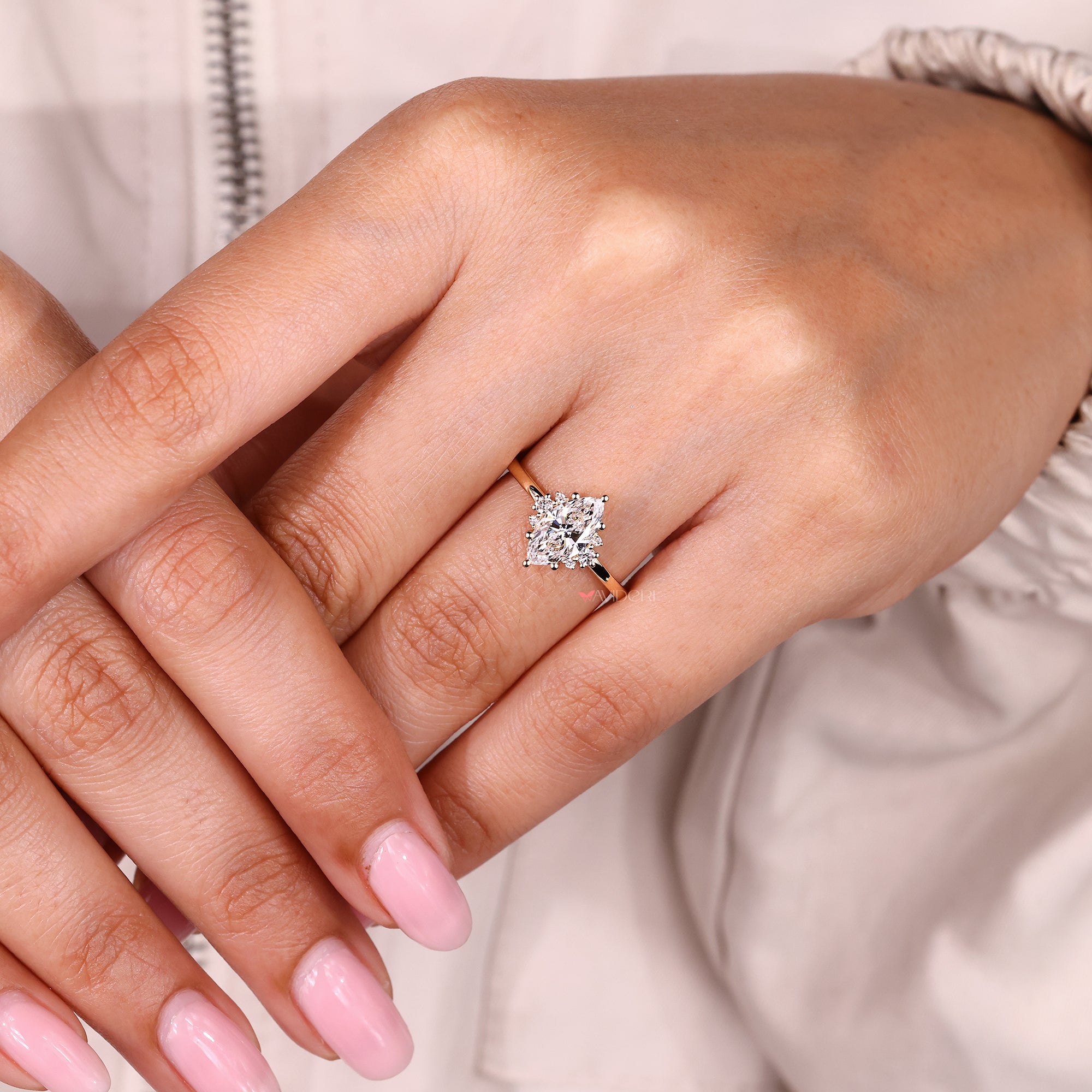 Marquise cut engagement ring with secure six prong setting.
