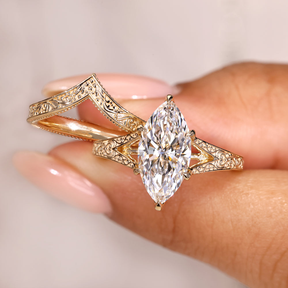 Art deco curved wedding band with diamonds.
