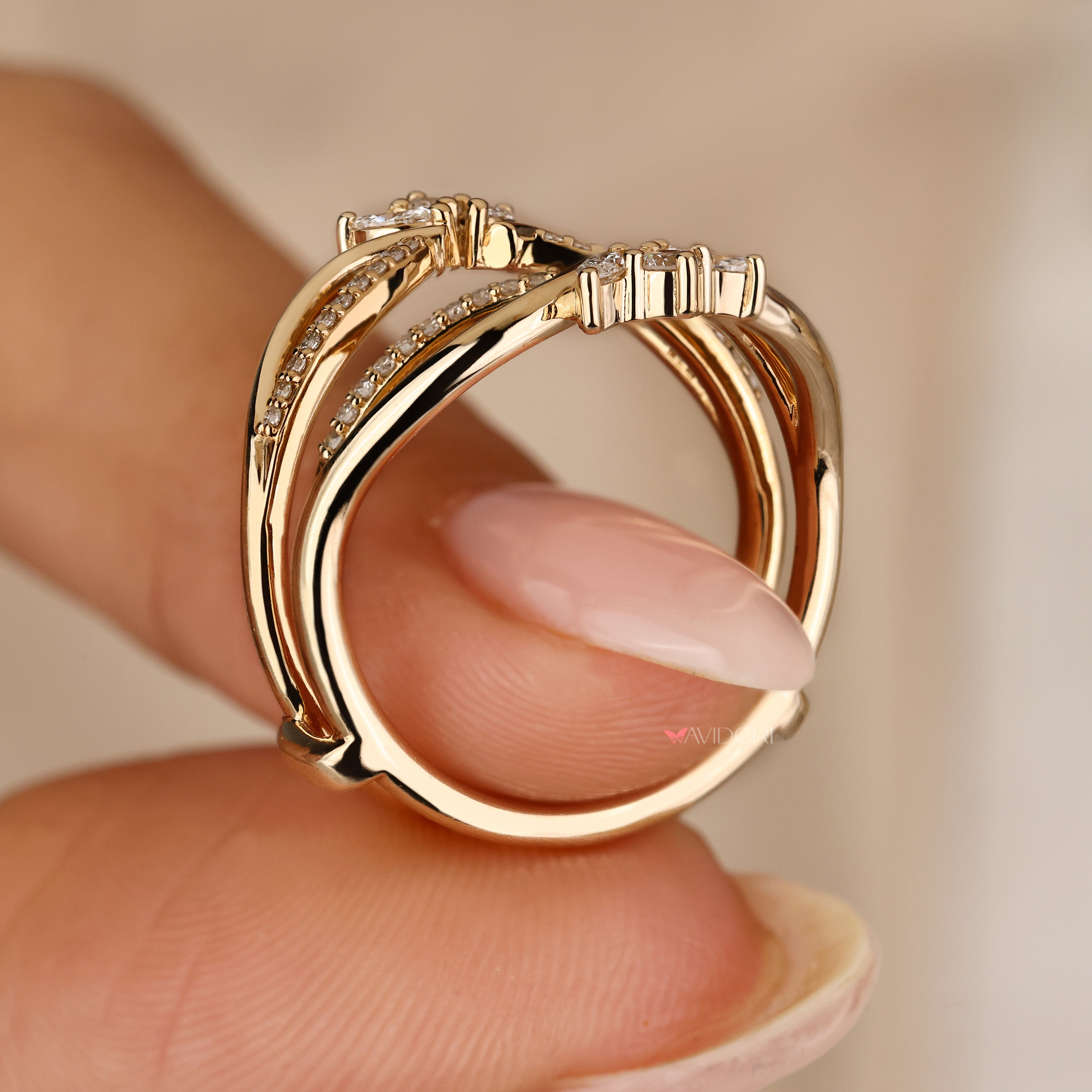 Wrap guard wedding band with marquise diamonds.
