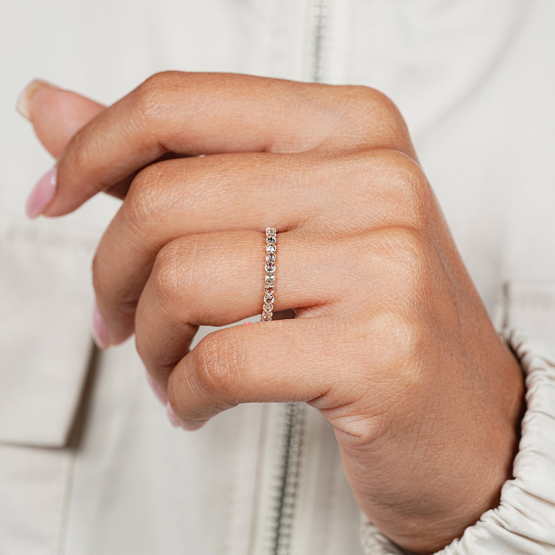 Round rose diamond wedding band with secure prong setting
